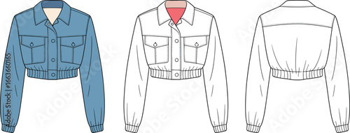 Cad drawing flat vector illustration of women’s cropped denim jacket, fashion technical sketch, front and back view, stylish casual outerwear design.