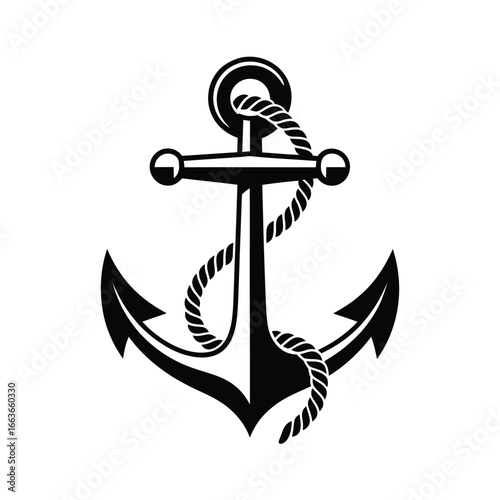Black and white vector illustration of an anchor with rope