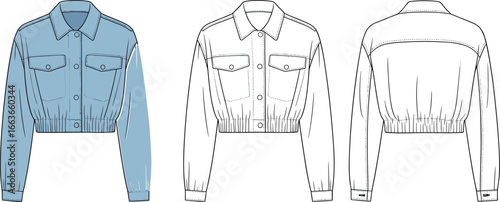 Cad drawing flat vector illustration of women’s cropped jacket, denim style, front and back technical fashion sketch, stylish casual outerwear design.