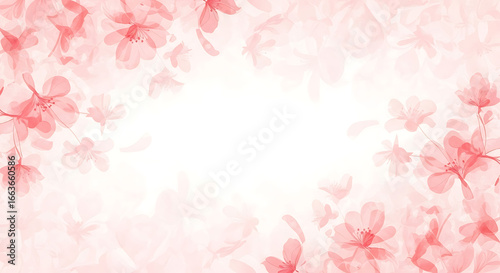 Delicate pink blossoms and petals create a soft, ethereal floral frame against a bright white background, evoking a sense of spring and gentle beauty.