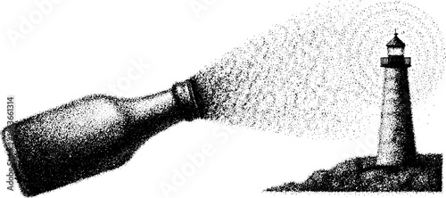Creative stippling art of beer bottle and lighthouse scene for vintage design