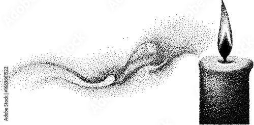 Stippling dotwork illustration of a burning candle with smoke effect for design