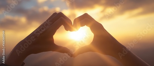 The beautiful heart shape formed by hands against a vibrant sunset.