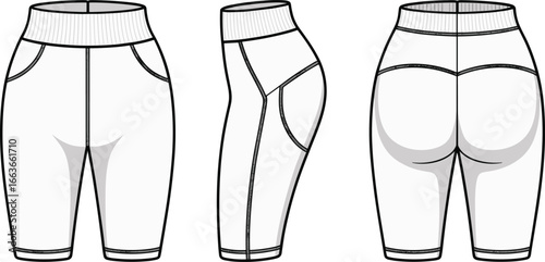 Cad drawing flat vector illustration of women’s high waist biker shorts, stretchy fitness shorts, casual summer shorts, activewear apparel design, seamless sportswear pattern, 