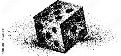Stippling dotwork design of a collapsing dice cube