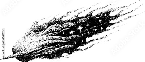 Stippling dotwork illustration of a cosmic comet with stars – vintage design for poster art