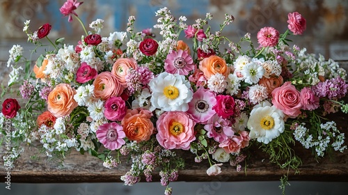 Vibrant Pink Coral White Flower Arrangement on Rustic Wooden Table