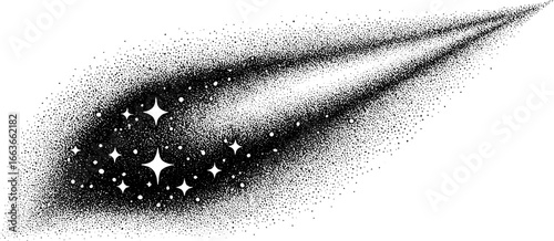Stippled dotwork comet illustration with halftone gradient for cosmic design projects
