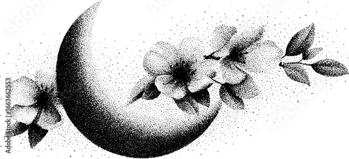 Vintage crescent moon and flowers stipple art - perfect for tattoos and decorative designs