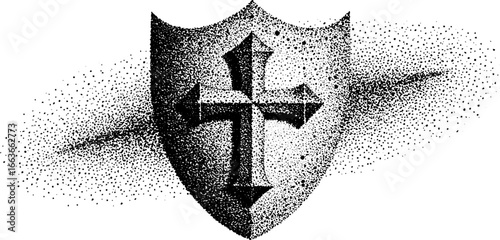 Stippling dotwork illustration of a crusader cross shield with vintage halftone effect