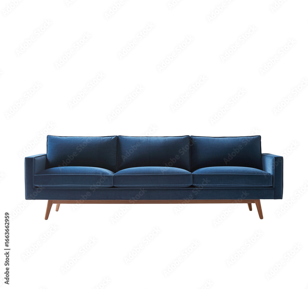 Fototapeta premium Elegant Blue Velvet Sofa with Wooden Base Modern Interior Design Studio Shot Furniture Piece Comfortable Seating isolated on a transparent background.