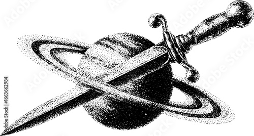 Vintage stipple illustration of a dagger piercing a planet with rings for tattoo design