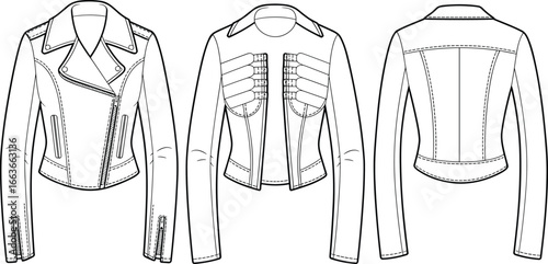 CAD drawing flat vector illustration of women’s outerwear jackets, front and back views, technical seam detailing, stylish fashion sketch, garment template layout, jacket design illustration