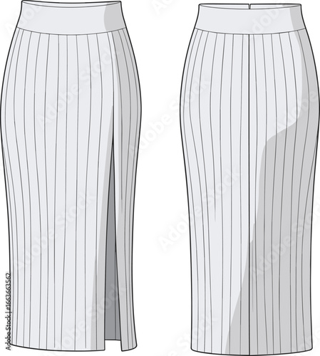 CAD drawing flat vector illustration of women’s pencil skirts, high-waisted design, pleated detail, side slit, back view, stylish fashion sketch, garment layout, clothing template
