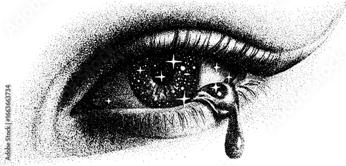Surreal crying eye with sparkling stars in stipple dotwork art - ideal for tattoos and posters
