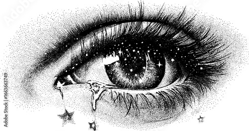 Emotional expression of a crying eye in stipple dotwork style