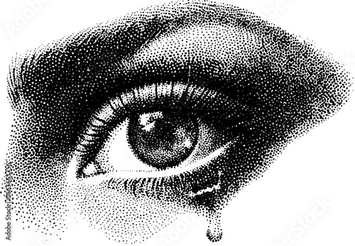 Emotional stipple dotwork illustration of a crying eye for artistic design