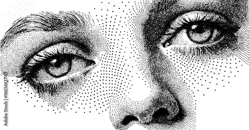 Artistic stipple dotwork portrait of a face in dissolution effect