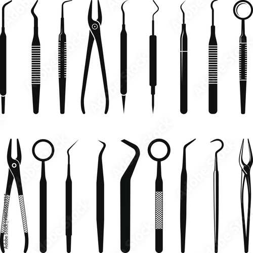 Dental Instruments Silhouette Collection, orthodontic, dental implant tools svg, dental mirror, probe, college tweezer, dental scaler icons