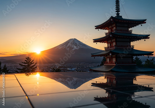 Mount Fuji Sunset with Japanese Pagoda Silhouette, Cinematic HDR View