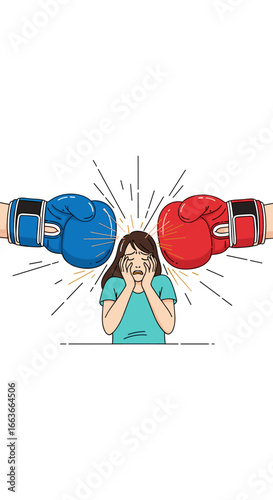 Young woman caught between opposing boxing gloves facing intense pressure and conflict during difficult decision making