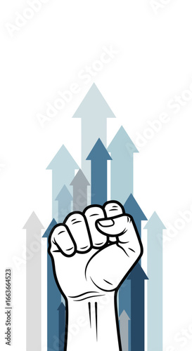 A powerful fist rises above upward moving arrows symbolizing growth opportunity and success