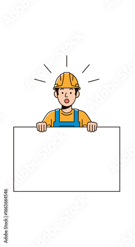 Construction worker holding blank sign expressing surprise or concern about project status update