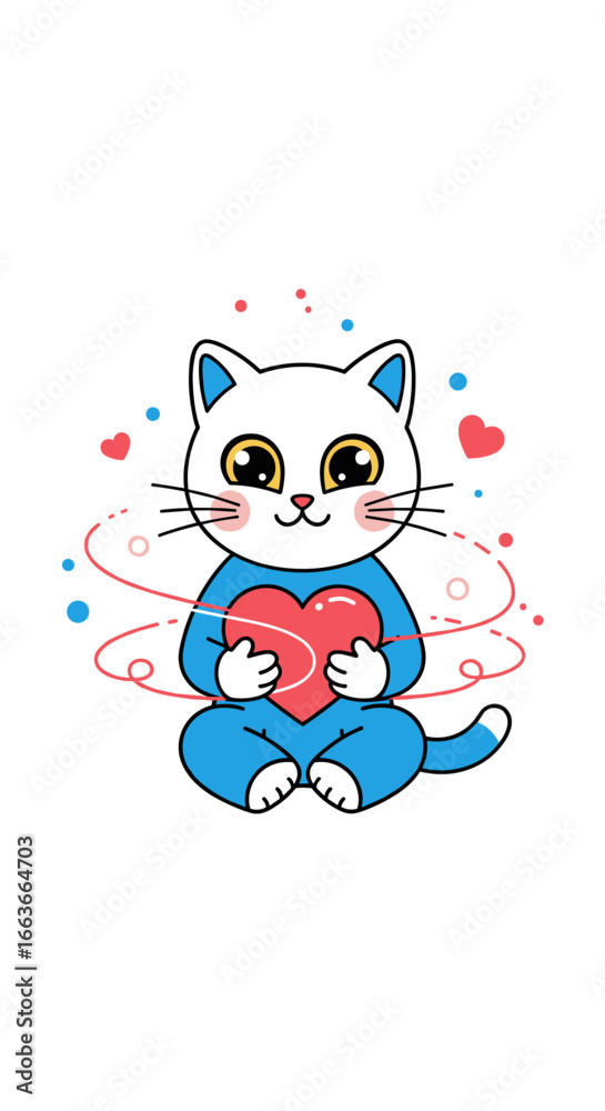 Obraz premium Adorable kawaii kitten holding a big red heart surrounded by swirling pink and blue lines and tiny hearts conveying affection and love