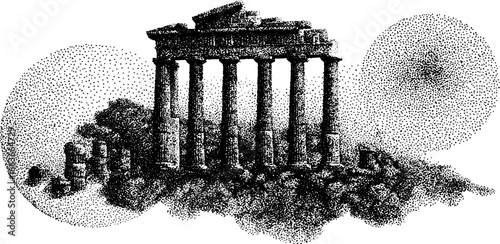 Stipple dotwork illustration of ancient greek temple in halftone style for artistic design