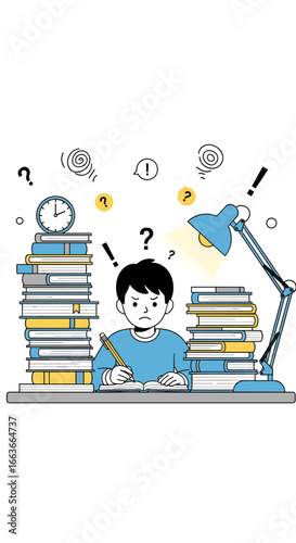 Young student diligently studying surrounded by books and learning materials with a bright desk lamp illuminating their work space as they focus intently on their studies