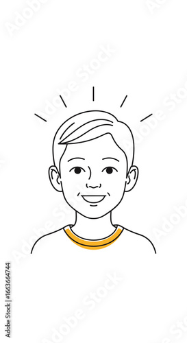 A smiling young boy with a halo of light emanating from his head symbolizing happiness and brilliance