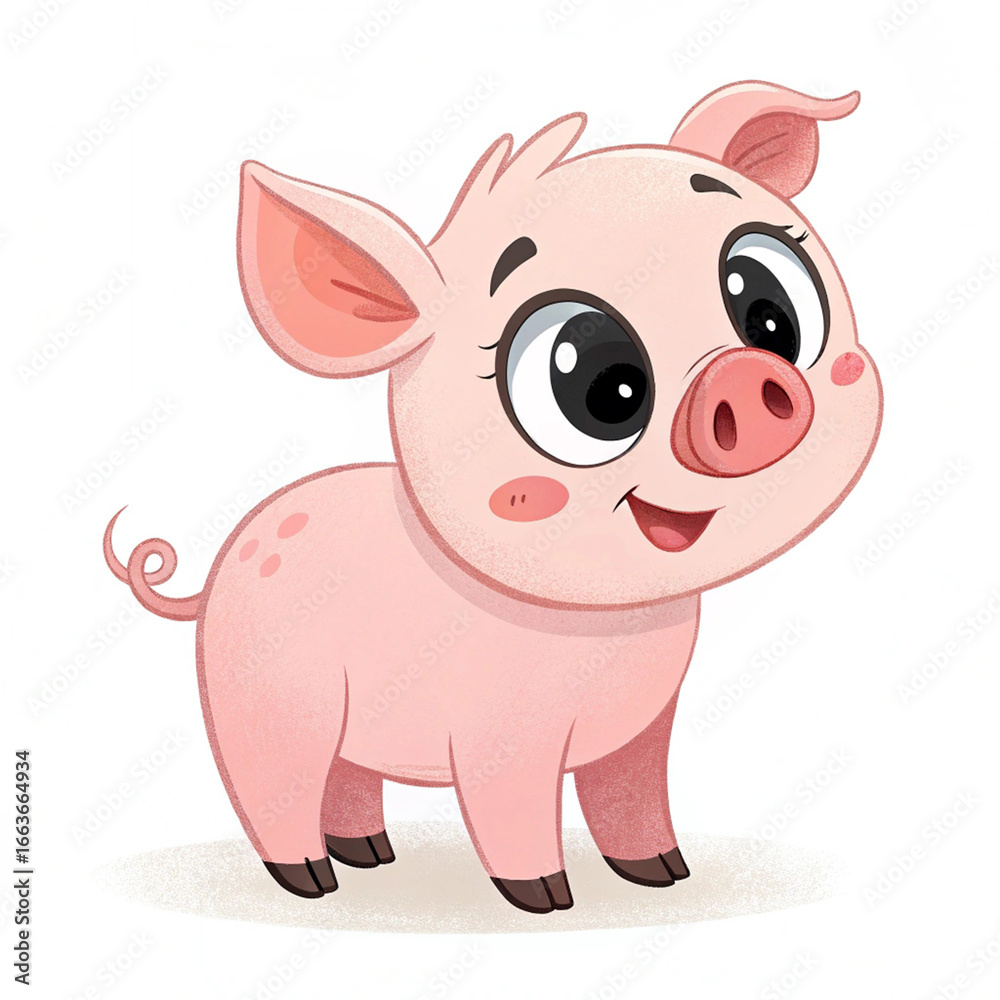 Fototapeta premium Cute pink pig in a cartoon style on a transparent background. Vector illustration. Perfect for kids’ products design, clothing prints, stickers, greeting cards, and decorations. Bright, cheerful, and 