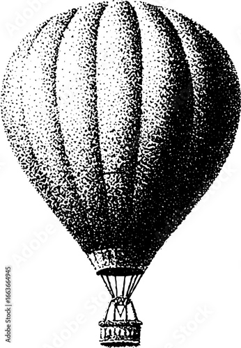 Stipple dotwork illustration of vintage hot air balloon in halftone style