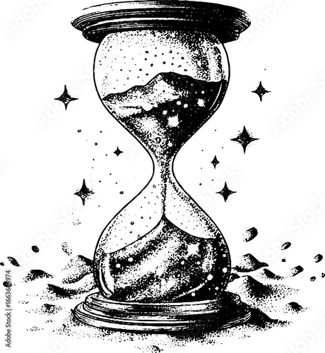 Stipple dotwork hourglass with sand and stars - vintage symbol of time