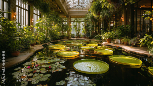 Lush indoor botanical garden with a tranquil pond filled with blooming water lilies and abundant greenery