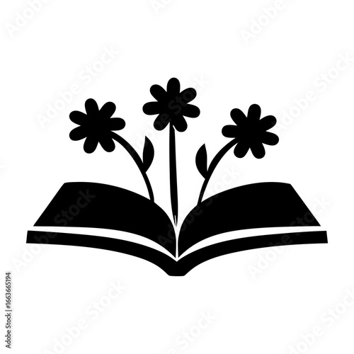 Black and White Open Book with Flowers Emerging Symbolizing Knowledge and Growth