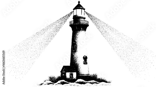Lighthouse stippling dotwork illustration with vintage halftone effect for nautical design