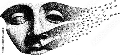 Intricate stipple and dotwork illustration of a mayan mask for artistic design