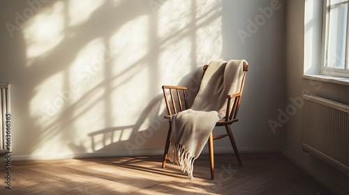 Minimal clean scene with a work chair turned slightly toward soft morning light,
