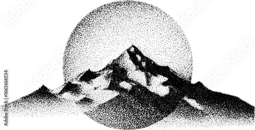 Stippling dotwork of majestic mountain landscape with halftone sun