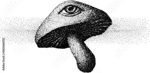 Surreal stippling dotwork mushroom with eye for unique art concepts and designs