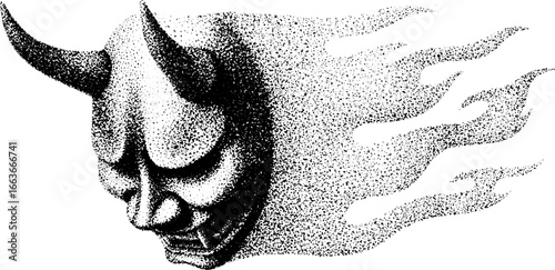 Stipple dotwork illustration of oni demon mask with halftone effect for artistic design