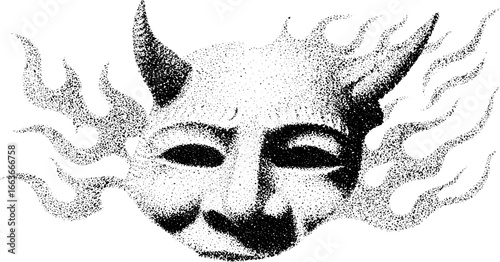 Intricate oni demon mask with stippling dotwork artistry for unique designs