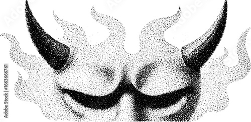 Dotwork illustration of oni demon mask with horns for tattoo design