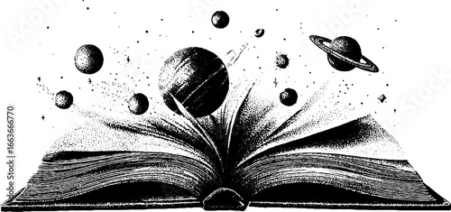 Stippling dotwork illustration of an open book with planets and stars, cosmic fantasy design