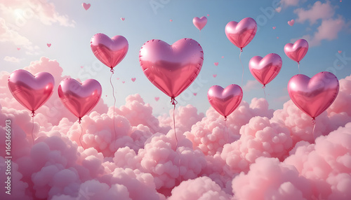 Wallpaper Mural Heart-shaped balloons float in a fluffy pink cloud sky, perfect for Valentine's Day.A whimsical and romantic image showcasing numerous heart-shaped balloons, various sizes, floating amidst fluffy, pas Torontodigital.ca