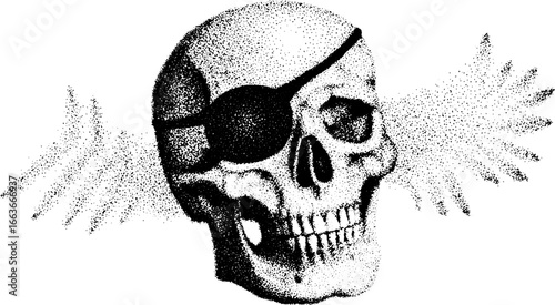 Pirate skull stippling art with eye patch and wings for tattoo design