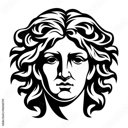 Black and white vector illustration of head of Greek statue of Medusa