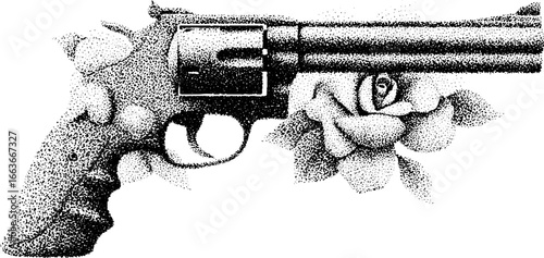 Stippling dotwork art of revolver with roses - vintage design for tattoos and prints