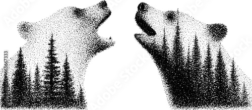 Roaring bear with forest silhouette in stippling dotwork art - perfect for tattoo or poster design